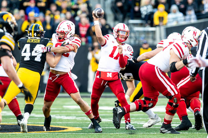Nebraska's quarterback Casey Thompson (11) throws a pass during a NCAA Big Ten Conference football game against Iowa, Friday, Nov. 25, 2022, at Kinnick Stadium in Iowa City, Iowa. 221121 Nebraska Iowa Fb 025 Jpg